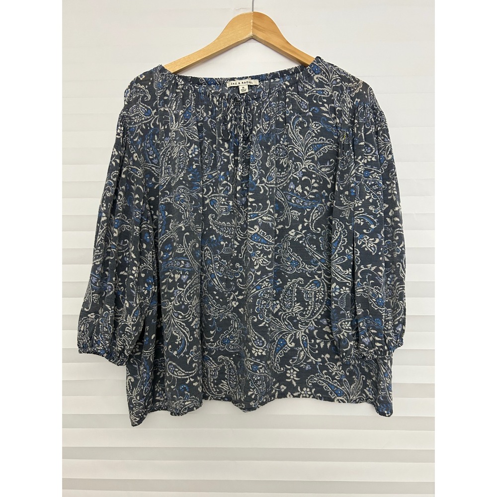 Zac & Rachel Navy Blue Paisley Tie Front Peasant Blouse XL